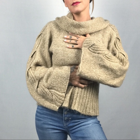 Renee C. Cowl Neck Cable Knit oversized bell sleeve sweater - Picture 3 of 11